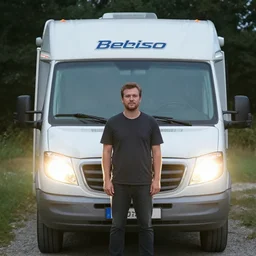a man standing in front of a winnebago, bright head lights