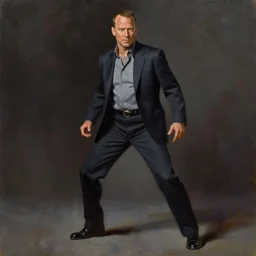 oil painting young bruce willis in the fifth element, full body shot portrait, dynamic pose, art station,