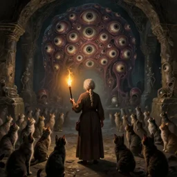 an old woman with a torch in her hand surrounded by a horde of cats stands in an ancient dungeon and looks at a huge amorphous mass with many eyes, fantasy illustration