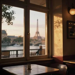paris cafe, sunset view from window, 70s, light, cinematic style, 35mm