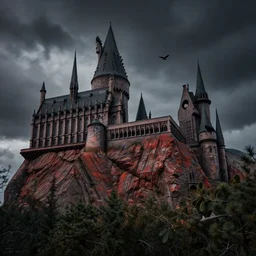 hasselblad photograph of a epic dark gothic palace with tall spires made of hard red rock, gothic palace, GOTHIC PALACE! , bristlecone pine trees, ultrawide cinematic, dark dramatic skies, atmospheric, vultures