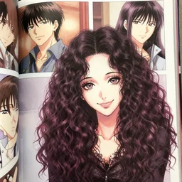 goth woman smiling, color page, tankoban, 4 k, tone mapping, akihiko yoshida, james jean andrei riabovitchev marc simonetti, yoshitaka amano, long hair, curly, h. hydrochaeri
