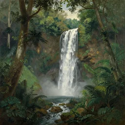 painting of a jungle landscape with waterfall by martin johnson heade