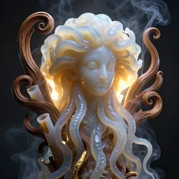 medusa made of soft translucent wax, wooden art nouveau swirls, strong subsurface scattering, smoke, tubes, gold elements, subsurface scattering, in the style of irakli nadar and kai carpenter, subsurface scattering, mystical colors, back light, rim light, dramatic lighting, 8 k, stunning scene, octane render, artstation