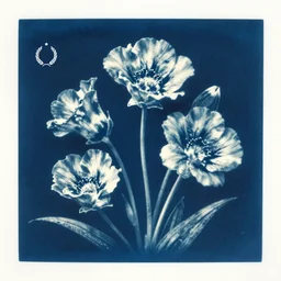 a cyanotype of illustrated flowers