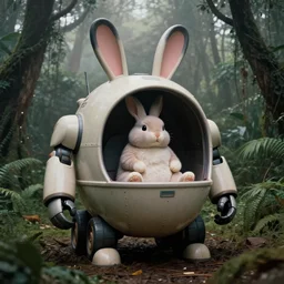 dark night oversized battle rabbit robot chubby fatmech trailer bucket bowl vehicle with big ears with rabbit sitting inside, in jungle forest, full body, nighttime, cinematic focus, 9 0 s fujicolor photo, vintage, neutral dull colors, soft lights, foggy, overcast by oleg oprisco, by thomas peschak, by discovery channel, by victor enrich, by gregory crewdson