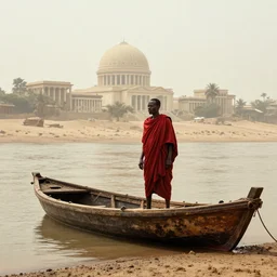 movie still by ousmane sembene of a man in red drapery in a blood barque on a river next to a neoclassical spherical city in the desert, leica sl 2 5 0 mm, heavy grain, high quality, high detail, foggy, mud