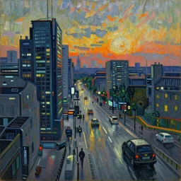 vincent van gosh oil painting of a cyberpunk streetscape, just after a rain at sunset