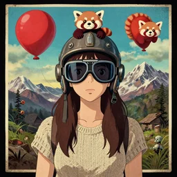 woman with aviator helmet and googles, girl! with knitted top, zombie monastery, red panda, weather air - balloon red, andes mountains, poster in the style of gritty graphic ghibli