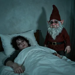 pov of person lying in bed, creepy gnome standing beside the bed, staring at the camera