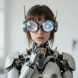 centered portrait of soulful young sabrina salerno as a solarpunk mecha humanoid robotic parts wearing crystal goggles with bright led lights, real human face, pudica gesture bouguereau style, in white room, ultra - realistic and intricate, soft portrait shot 8 k