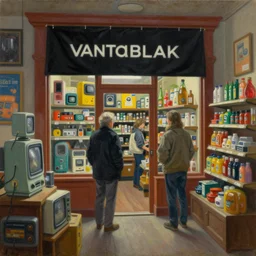 cozy portland grocery store. vantablack cloth technology, vintage shapes, retro technology, happy colors dariusz zawadzki, tim hildebrandt, wayne barlow, bruce pennington, larry elmore, oil on canvas, deep depth field, masterpiece, cinematic composition. dramatic zoom, hyperdetailed, hd, hdr