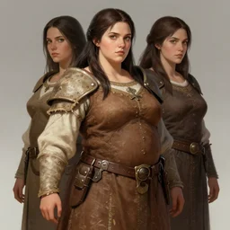 2 5 years old women : : dark straight hair : : overweight, fat, brown medieval cloting, light armor, natural materials : : high detail, digital art, illustration, realistic, rpg, fantasy