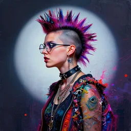 a punk girl with a mohawk wearing circular glasses, wearing a choker and necklaces, side portrait, defiant, passionate, spotlight, edge lighting, paint drips, glitching paint splatter, vibrant colors, dramatic, brush strokes, collage, textiles, futuristic clothing, digital painting, by marco paludet, by jeremy mann, by hannah hoch