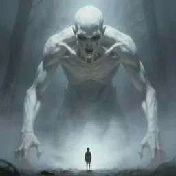 an immense beautiful terrifying pale humanoid giant looms over a tiny human. ethereal horror art by michael whelan and greg rutkowski