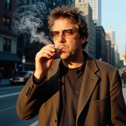 photorealistic photograph of seth rogan smoking a joint, 3 5 mm film, fuji, leica s, nyc, in the style of fashion photography, intricate, golden hour sunlight, kodachrome