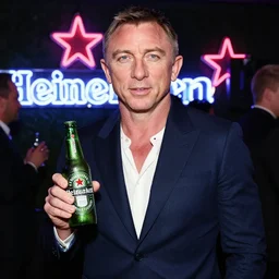 party with daniel craig, heineken, stars neon in background