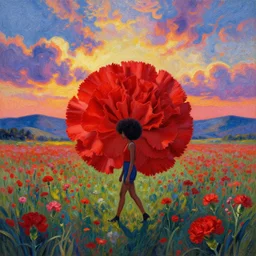 giant red carnation afro, full body, girl walking in the middle of a field with flowers, surreal photography, hills, sunrise dramatic light, impressionist painting, colorful clouds, digital painting, pointillism, artstation, simon stalenhag