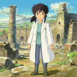 a full body portrait of a achiologist girl working, working at an ancient city, finely detailed features, closeup at the faces, perfect art, ancient city ruins, gapmoe yandere, trending on pixiv fanbox, painted by craig mullins makoto shinkai takashi takeuchi studio ghibli, akihiko yoshida,
