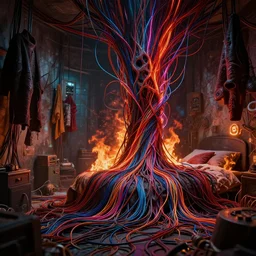 rgb wires, fire, rage, cinematic, movie scene, inspired by zdzislaw beksinski, clothes made out of veins,, cables everywhere, bedroom, ultra realistic, concept art, intricate details, highly detailed, photorealistic, octane render, 8 k
