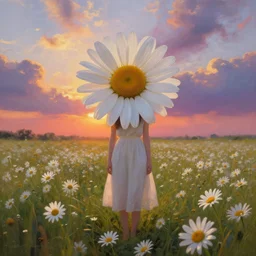 full body daisy flower head, girl standing in a flower field, head hidden behind the huge daisy flower, surreal photography, sunrise, dramatic light, impressionist painting, colorful clouds, digital painting, artstation, simon stalenhag