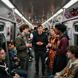 A group of friends talking while standing inside a crowded compartment of the New York metro with people in Halloween costumes, cinematic, 4k, thriller