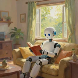 dreamy painting of a cozy homey robot reading a book in a comfortable living room on a sunny day with a majestic spirit of relaxation and curiosity filling the room along with sunshine through the open window.