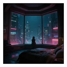 vertical movie frame portrait of girl in blade runner 2 0 4 9 bedroom interior, neon - decorated urban on night in the city seen through the window, cyberpunk interior design, architectural design, vintage, night blade runner, dark, postapocalyptic, clean lines, 4 k, octane, asian futuristic city at distance, big windows, octane, wide angle