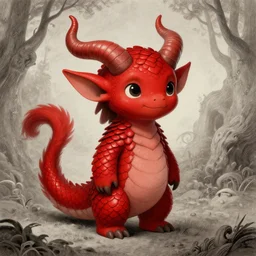 a cute scalie kobold girl with vibrant red smooth scales, thick tail, cute horns and smile | digital drawing by thomas cole, terese nielsen, and edvard escher guay, magically shaped surrealism, trending on artstation
