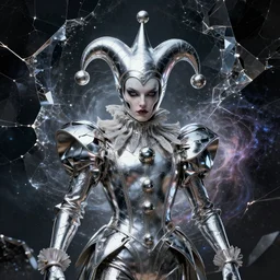 impressive entrancing front!! shot photo of a court jester character fine portrait fine portrait mesmerizing fractal hyper cubes platinum cracked dark future hyper dimensional space galactic crystal nebula edges elegant detailed intricate concept artstation sharp focus ray tracing cinematic masterpiece temporal corruption beeple wlop germ 8 4 k scifi glossy hyper realistic illustration canon eos r 3 fujifilm x - t 3 0 sony alpha