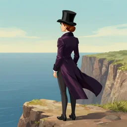 a woman costumed in top hat and silk tailcoat, looking at the horizon from the top of a cliff, cell shading