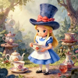 an insanely detailed watercolor painting of alice in wonderland tea with mad hat 3 d, mistic atmosphere, cute, octane render, redshift render, intricate, insanely detailed, morning light, ambient occlusion, sub surface scattering, well rendered
