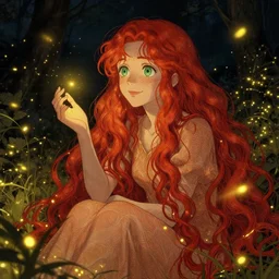 infp anime girl, smiling, amazed by golden fireflies lights, sitting in the midst of nature fully covered, long loose red hair, intricate linework, green eyes, small nose with freckles, oval shape face, realistic, expressive emotions, dramatic lights, spiritual scene, hyper realistic ultrafine art by cecco del caravaggio and albert bierstadt and artgerm