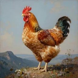 giant chicken on a mountain top, elegant, painting