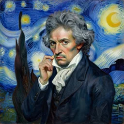a painting of beethoven in the style of piccasso starry night.