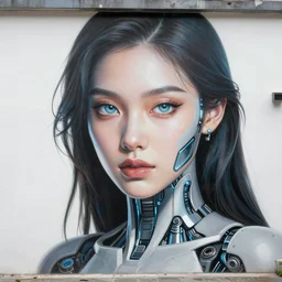 beautiful mural of a young cybernetic queen, cyborg, tech implants, piercing gaze, glowing eyes, elegant, striking composition, highly  detailed ornate sci fi background, mural in the style of sandro botticelli, caravaggio, albrecth durer, 8k