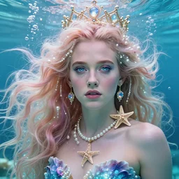 “ drew barrymore portrait, fantasy, mermaid, hyperrealistic, game character, underwater, highly detailed, sharp focus, cinematic lighting, pearls, glowing hair, shells, gills, crown, water, highlights, starfish, jewelry, realistic, digital art, pastel, magic, fiction, ocean, king, colorful hair, sparkly eyes, fish, heroic, goddess, waves, bubbles, queen ”