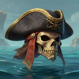 pirate hat floating in the sea, low view shot, close up, deep focus, d & d, fantasy, intricate, elegant, highly detailed, digital painting, artstation, concept art, matte, sharp focus, illustration, hearthstone, art by artgerm and greg rutkowski and alphonse mucha