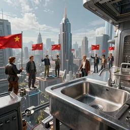 futuristic city on the edge of steel kitchen sink red propaganda flags waving social - futurism by ross tran, thierry doizon, craig mullins, ilya kuvshinov, artgerm, edward hopper, dan mumford, wlop, rutkovsky, carl spitzweg, moebius, unreal engine 5, lumen, nanite