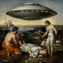 renaissance grotesque painting of ovni crash wasteland, landfill, swamp, corpses on the floor, elegant artwork by lee bermejo and greg rutkowski and alphonse mucha