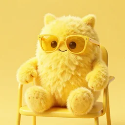 Yellow sunglasses with yellow glass on a big yellow fluffy monster, sitting on a yellow chair. Yellow background.