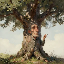 matt painting of an old tree called otton that has facial expressions, otton is smoking a cigarette, smoking particles, in high detail, accurate, fantasy illustration, trending on artstation, by frank robert dixon, fineartamerica, alex horley orlandelli