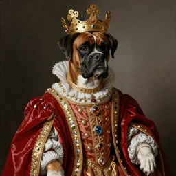 potrait of boxer dog dressed as a king in a royal gown, renaissance painting