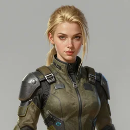 Portrait of a woman by Greg Rutkowski, she is about 20 years old, ukrainian, blonde hair with two strands around her face, young, attractive, athletic, badass, kinda dad but friendly look, she is wearing futuristic military fatigues, highly detailed portrait, scifi, digital painting, artstation, concept art, smooth, sharp foccus ilustration, Artstation HQ