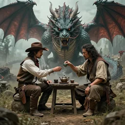Tea ceremony between a Western cowboy and a fearsome dragon, high fantasy concept art, cinematic, 4k, trending on ArtStation