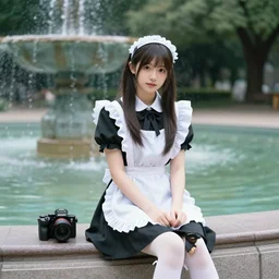 a portrait of a young maid sitting on a edge of a fountain in park, 8k, cinematic, photo taken with Sony a7R camera