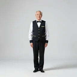 elderly doorman in uniform, studio photography, full body, standing, isolated on a pure white background, centered, whole figure in frame, sharp focus, studio lighting