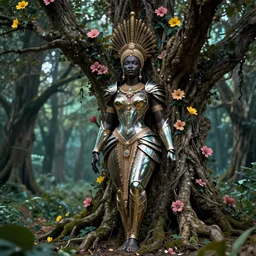 hyperrealistic illustration neo - rococo cinematic super expressive! yoruba goddess with exoskeleton armor, merging with tree in a forest, pink yellow flowers, highly detailed digital art masterpiece, smooth etienne sandorfi eric zener dramatic pearlescent soft teal light, ground angle hd 8 k, sharp focus