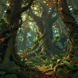 An ultra-detailed matte painting of a luxuriant, lush, overgrown and verdant forest at autumn, dense vines, roots on the ground, huge scale, imposing composition, digital art, trending on Artstation