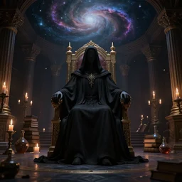 dream of the endless wearing black robes, standing on the floor in his throne room, the ceiling looks like nebula, candles, books, potions octane render, 3D, 8K, gloomy lighting